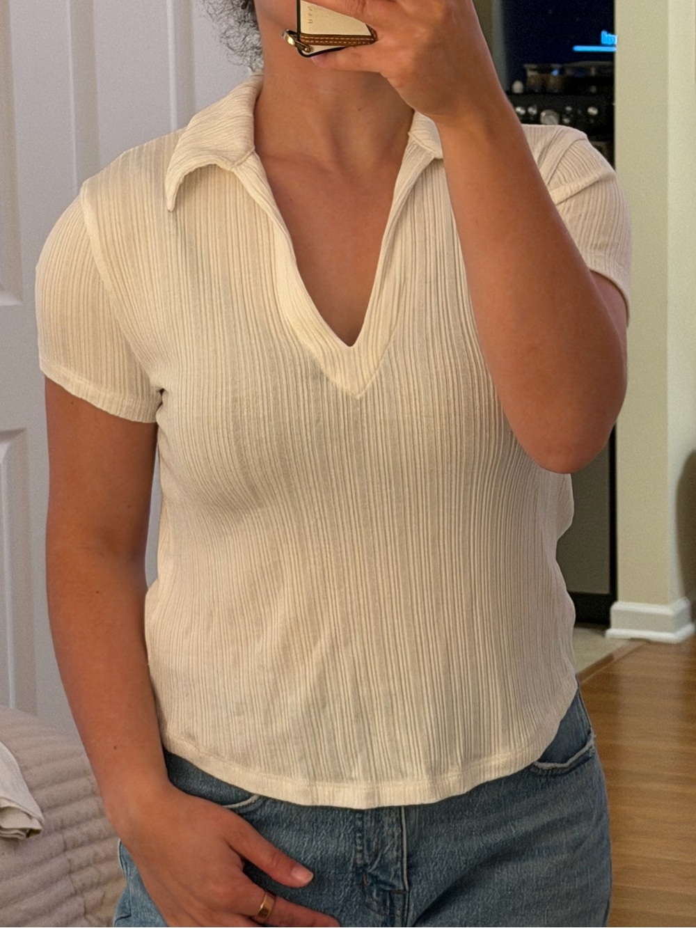 Madewell Ivory V-Neck Ribbed Top